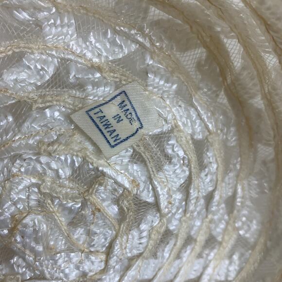 Vintage Wide Brim Sun Hat White Woven Ribbon Mesh Tall Crown Coastal Resort Glam main image 5
